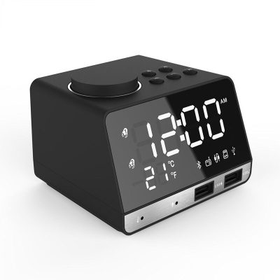 Bluetooth Alarm Clock Speaker FM Radio With Dual USB Charging Large Size Mirror LED Display