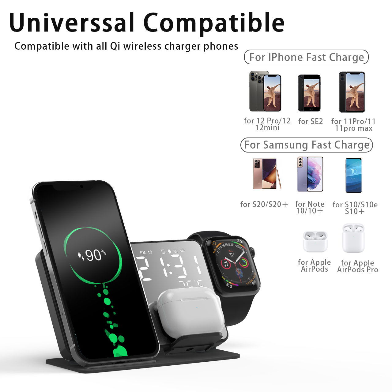 4 In 1 15W Wireless Charging Station With Large LED Display Alarm Clock Temperature China Wholesale Vendors, Factory, Supplier