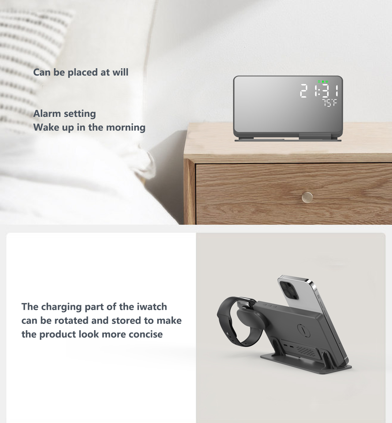 4 In 1 15W Wireless Charging Station With Large LED Display Alarm Clock Temperature China Wholesale Vendors, Factory, Supplier