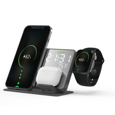 4 In 1 15W Wireless Phone Charging Station With Large LED Display Alarm Clock Temperature