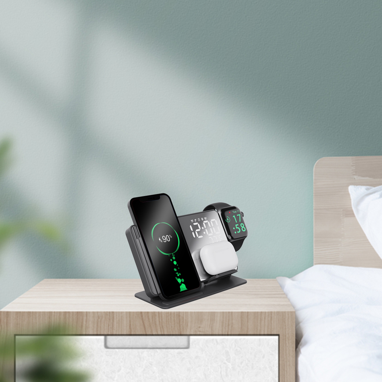4 In 1 15W Wireless Charging Station With Large LED Display Alarm Clock Temperature China Wholesale Vendors, Factory, Supplier