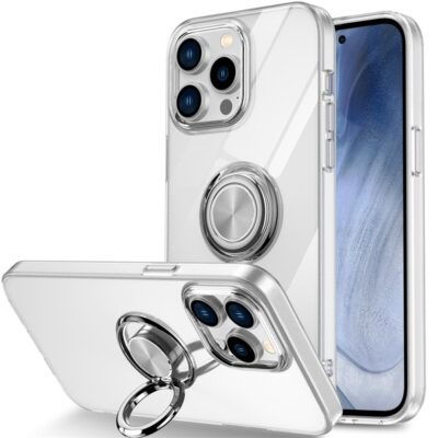 Clear Phone Case For iPhone 14, 14 Plus, 14 Pro, 14 Pro Max With Magnetic Metal Ring Stand