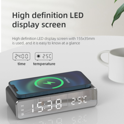 Desktop Alarm Clock Phone Charger Thermometer, Wireless Charger, HD LED Display, Dimmer