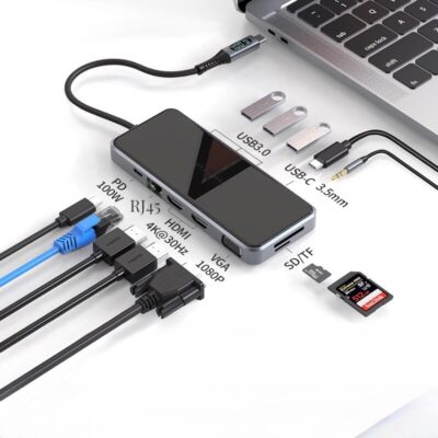 12 In 1 C Hub 10Gbps USB3.0, HDMI, VGA, Type C, 3.5MM Audio, Ethernet, PD100W, SD, TF