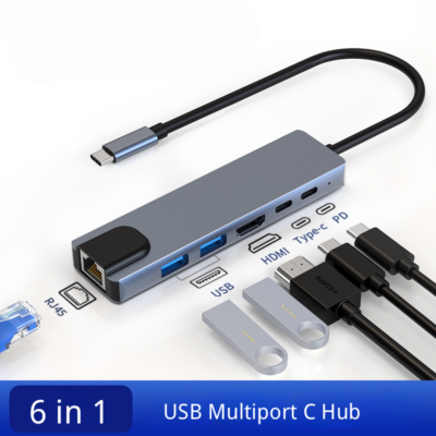 6 In 1 USB Multiport C Hub With USB3.0, 2.0, PD100W, RJ45 Ethernet, HDMI 4K@6Hz For Laptops