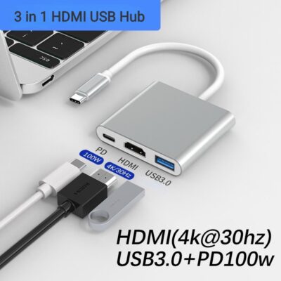 3 In 1 USB C Hub Adapter HDMI 4K@30Hz Mirror Mode USB3.0 5Gbps, PD100W Charging